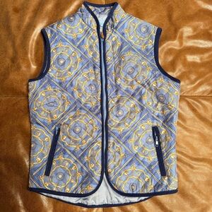 J. McLaughlin XS Quilted Equestrian Chain Print Vest Blue Gold Preppy Yacht Club